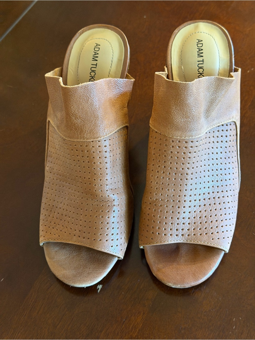 Adam Tucker Tan Perforated Open-Toe Slip-On Mules